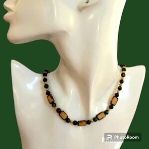 HANDMADE Chrysocolla Czech Glass Picasso Table Cut Beaded Collar Necklace